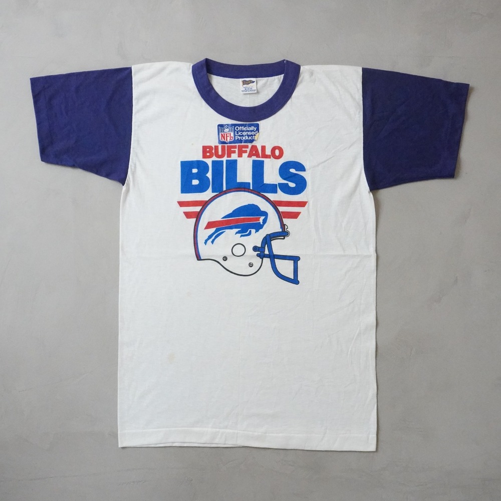 Vintage Trench Buffalo Bills T-Shirt Medium Mens 80s White Blue Ringer NFL USA